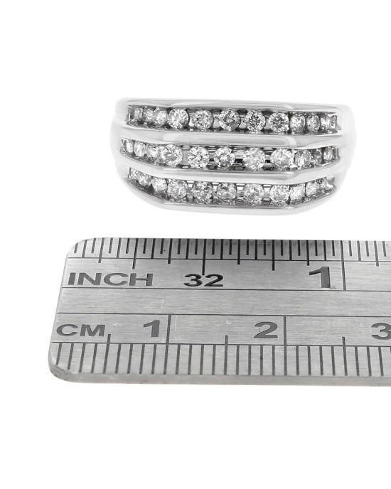 Gentlemen's 3 Row Diamond Tapered Ring in White Gold